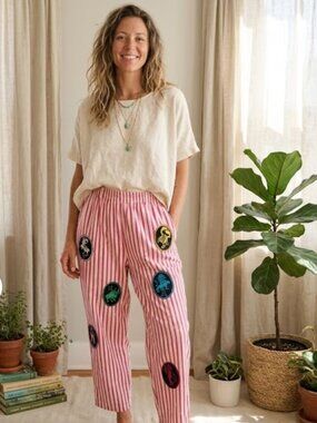 Vintage Zodiac Patch Pants Pink Stripe Cotton Elastic Waist